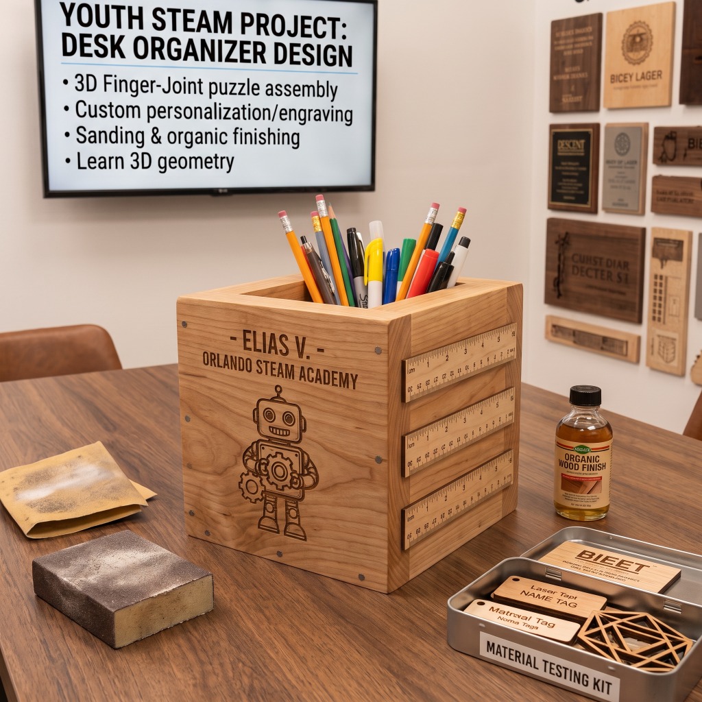 3D Laser-Cut Wooden Pencil Cube & Desk Organizer - Youth STEAM Project